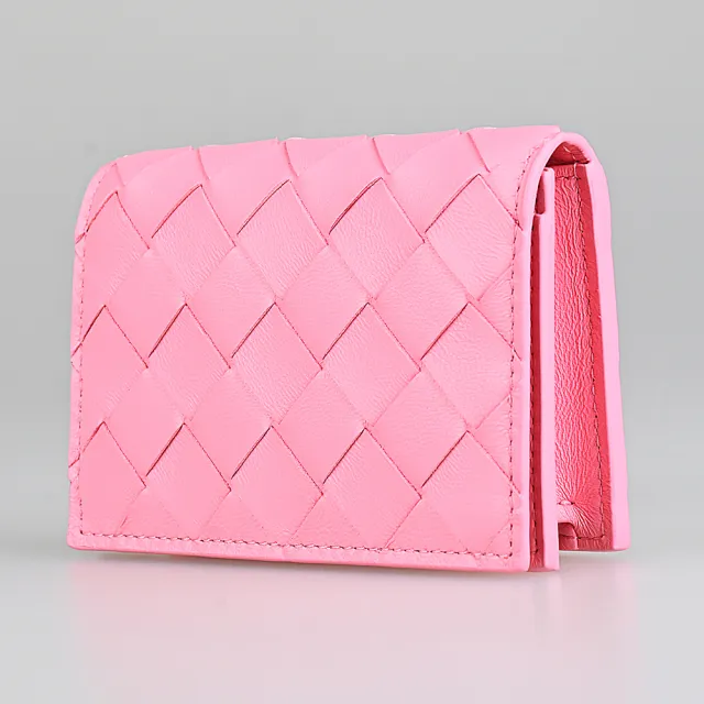【BOTTEGA VENETA 寶緹嘉】BV BOTTEGA VENETA Intrecciato經典LOGO小編織設計小羊皮2卡釦式卡包(絲帶粉)