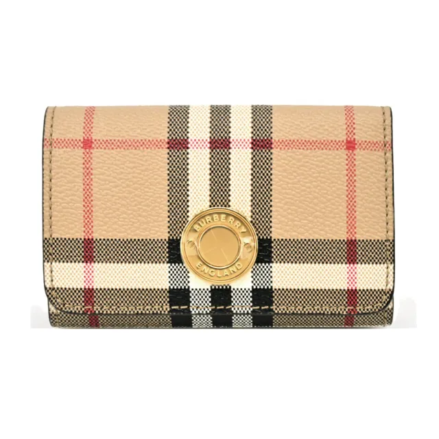 【BURBERRY 巴寶莉】浮雕LOGO格紋三折零錢短夾(卡其)