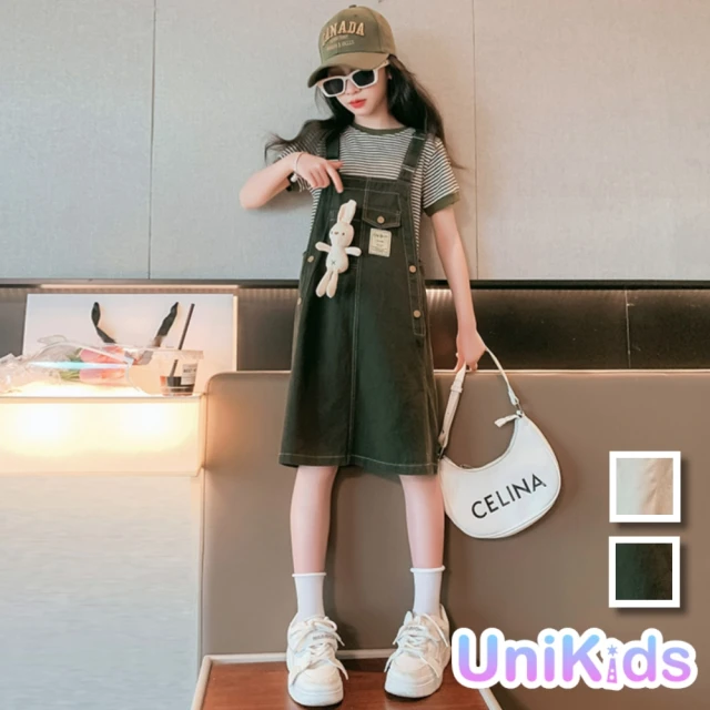 UniKids 現貨 中大童裝150碼2件套 條紋短袖T恤小兔子吊帶裙 女大童裝 CV小兔子背帶(橄欖綠)