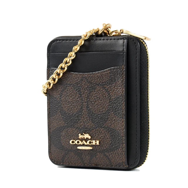 COACH 緹花LOGO鍊帶證件零錢包-咖啡黑