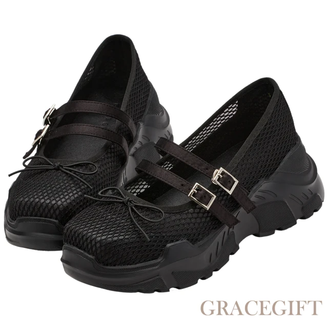 Grace GiftGrace Gift 日系方頭蝴蝶結網布芭蕾舞運動鞋 附綁帶(黑)