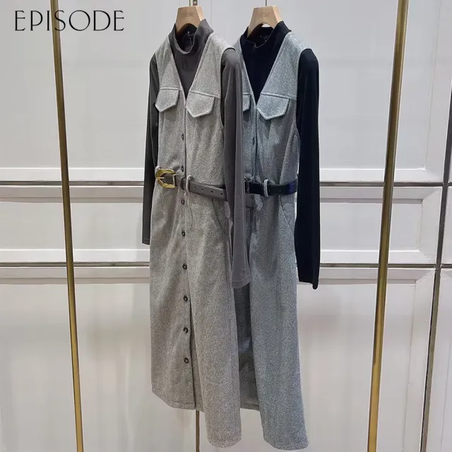 【EPISODE】優雅氣質兩件式小立領黑上衣配灰無袖背心洋裝（黑灰組）E45703