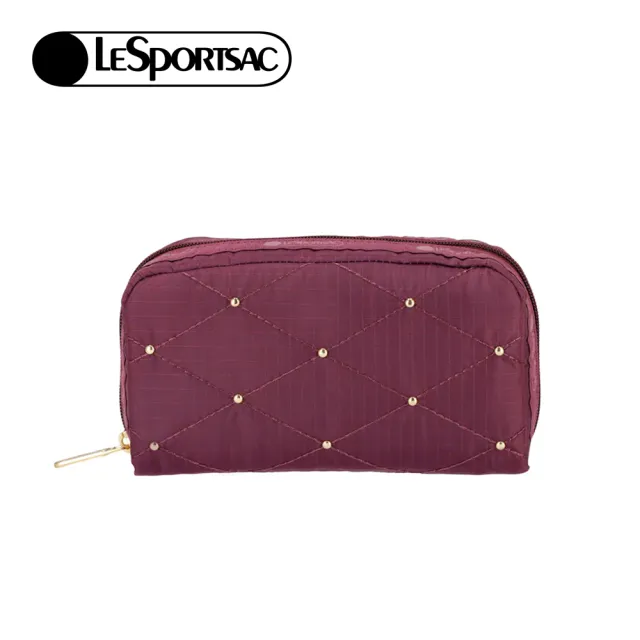 【Lesportsac】Rectangular Cosmetic 長形化妝包 收納包 送禮 禮物 推薦 女包(酒紅格紋釘飾)