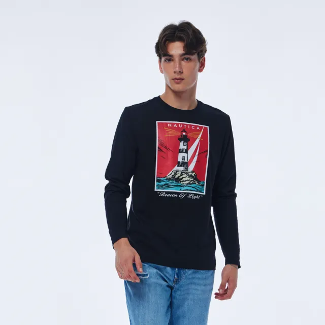 【NAUTICA】官方旗艦 男裝 燈塔圖騰印花長袖T恤(黑色)