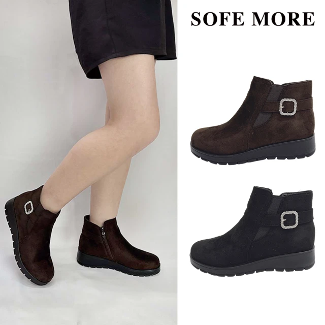 SOFE MORE 36~41碼 柔軟舒適厚底短靴 方扣時尚靴子 內刷毛保暖鞋 防滑輕便短靴女(絨毛短靴)