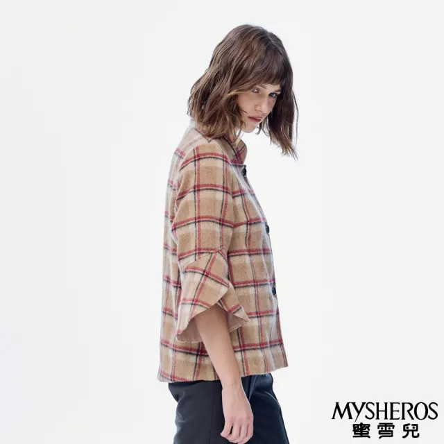 【MYSHEROS 蜜雪兒】羊毛造型外套 交疊喇叭寬袖 經典方格紋(駝)