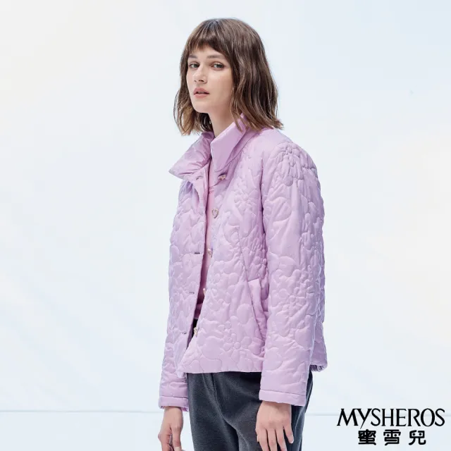 【MYSHEROS 蜜雪兒】充棉造型外套 立領花朵壓紋愛心排釦設計(粉紫)