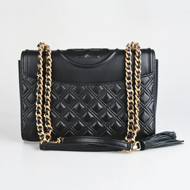 【TORY BURCH】TORY BURCH Fleming 立體圓標LOGO菱格紋縫線皮革流蘇肩背斜背鍊帶包(黑)
