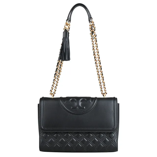 【TORY BURCH】TORY BURCH Fleming 立體圓標LOGO菱格紋縫線皮革流蘇肩背斜背鍊帶包(黑)