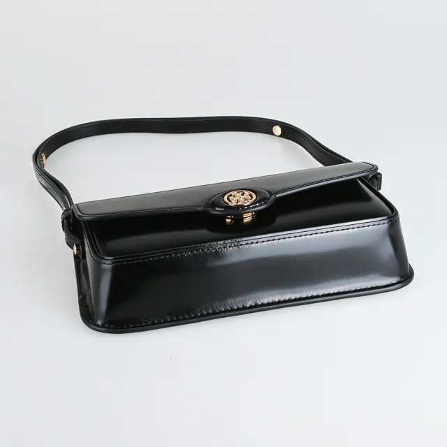 【TORY BURCH】TORY BURCH Robinson金色圓標標誌漆皮長方形肩背斜背包(黑)