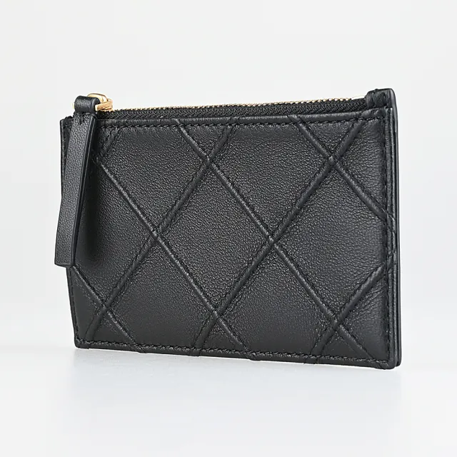 【TORY BURCH】TORY BURCH Fleming背面浮雕LOGO小羊皮菱格設計4卡拉鍊零錢卡夾(黑)