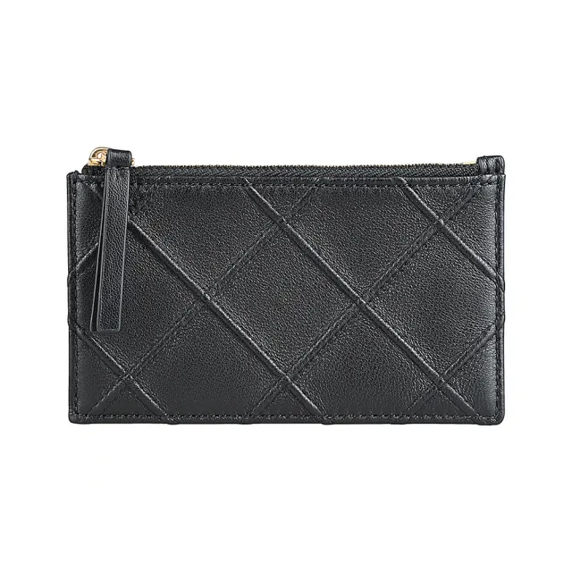 【TORY BURCH】TORY BURCH Fleming背面浮雕LOGO小羊皮菱格設計4卡拉鍊零錢卡夾(黑)