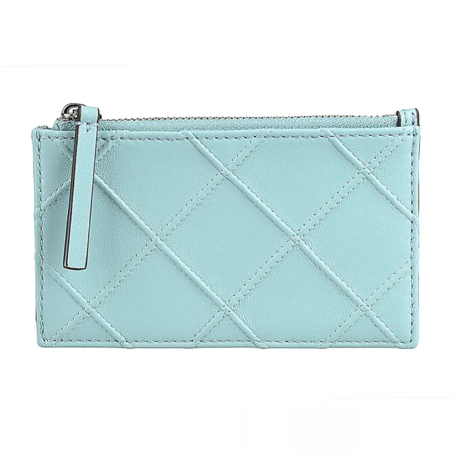 【TORY BURCH】TORY BURCH Fleming背面浮雕LOGO小羊皮菱格設計4卡拉鍊零錢卡夾(藍綠)