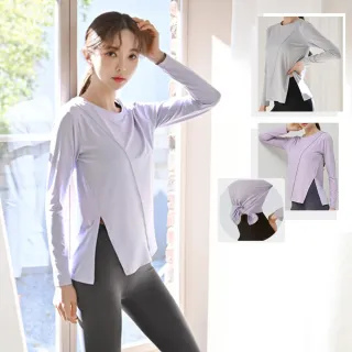 【BODYAIR】圓領側開綁結斜擺長袖上衣(瑜珈.慢跑.運動.健身.透氣.舞蹈.運動服)