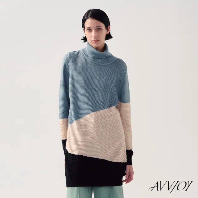 【AVVJOY 艾薇卓爾】高領幾何色塊針織長上衣(羊毛 毛衣 針織衫 針織毛衣 針織上衣 長袖毛衣 CLA0372TP)