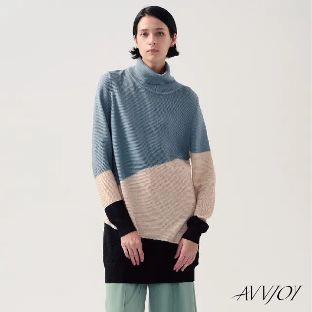 【AVVJOY 艾薇卓爾】高領幾何色塊針織長上衣(羊毛 毛衣 針織衫 針織毛衣 針織上衣 長袖毛衣 CLA0372TP)