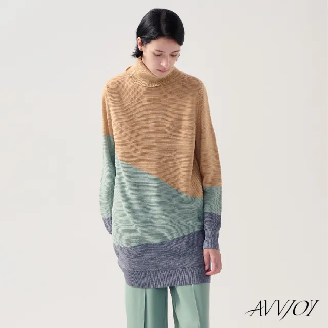 【AVVJOY 艾薇卓爾】高領幾何色塊針織長上衣(羊毛 毛衣 針織衫 針織毛衣 針織上衣 長袖毛衣 CLA0372TP)