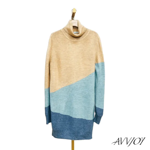 【AVVJOY 艾薇卓爾】高領幾何色塊針織長上衣(羊毛 毛衣 針織衫 針織毛衣 針織上衣 長袖毛衣 CLA0372TP)