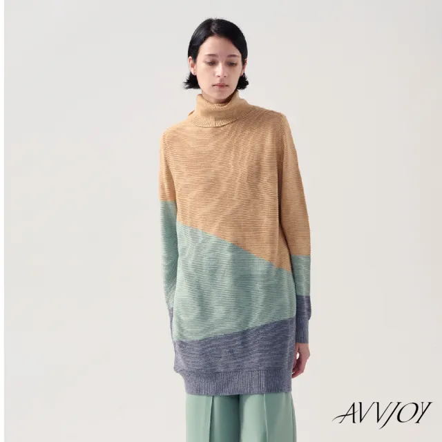 【AVVJOY 艾薇卓爾】高領幾何色塊針織長上衣(羊毛 毛衣 針織衫 針織毛衣 針織上衣 長袖毛衣 CLA0372TP)