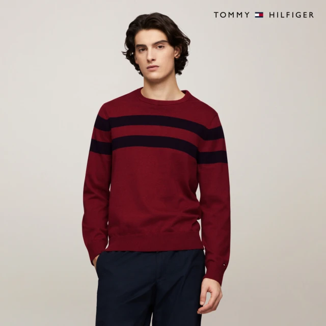 Tommy Hilfiger 官方旗艦館 條紋圓領針織毛衣_粉紅色