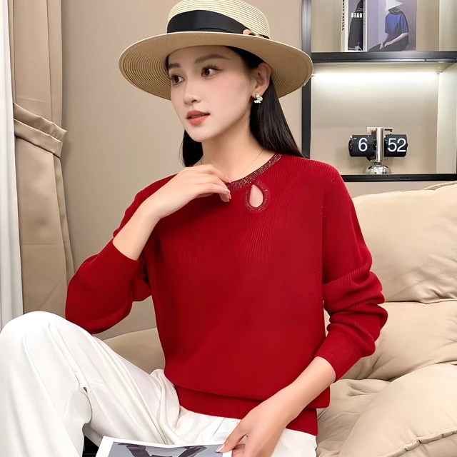 chai yan 采妍 水鑽領挖空素面針織長袖上衣(秋冬新款