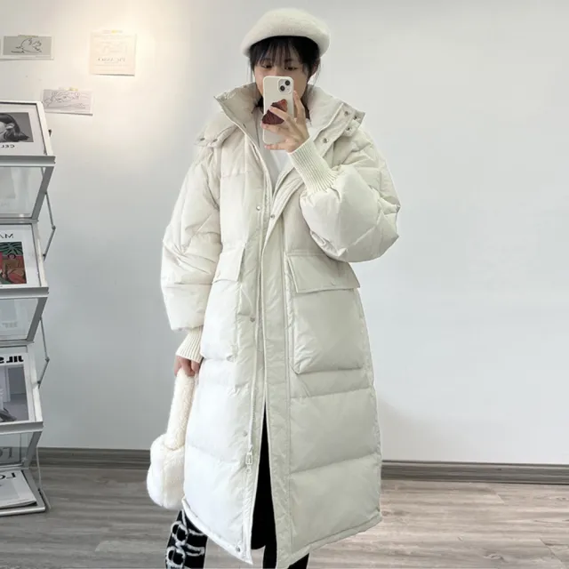 【米蘭精品】現貨+預購 真羽絨90%鴨絨羽絨外套(韓版花苞帽連帽螺紋袖保暖過膝中長款女夾克5色74jx51)