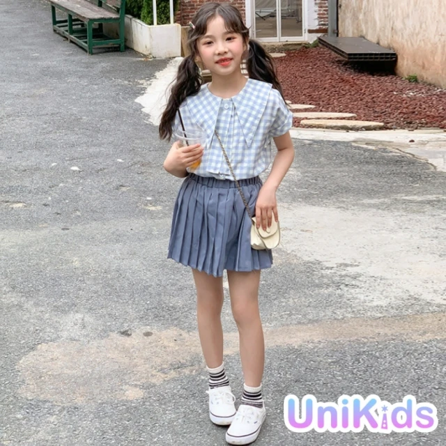 UniKids 現貨 中大童裝160碼2件套短袖格紋襯衫百褶短裙 女大童裝 VW22032(襯衣百褶裙)