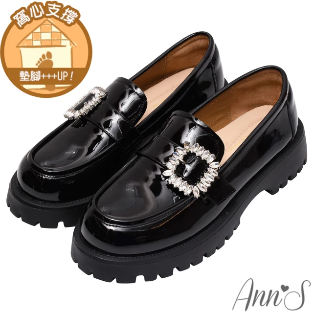 Ann’SAnn’S 心動千金-柔軟羊漆皮真皮方鑽厚底樂福鞋5cm(漆皮黑)