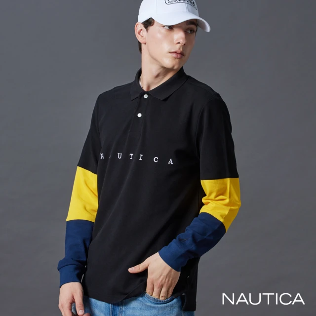 NAUTICA 官方旗艦 男裝 跳色拼接純棉長袖POLO衫(黑色)