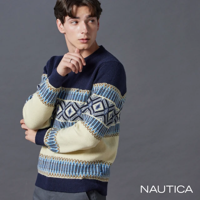 NAUTICA 官方旗艦 男裝 多彩圖騰長袖針織衫(藍色)