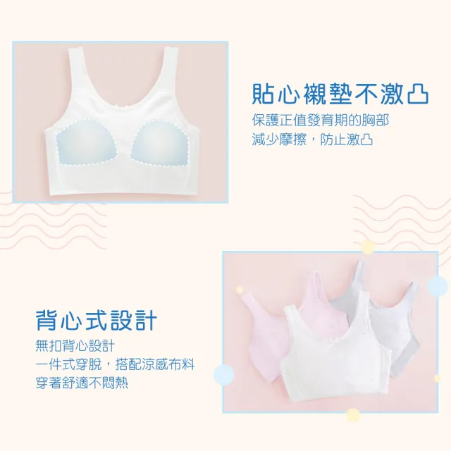 【Clany 可蘭霓】3件組 台灣製小貓咪少女成長型 保護型透氣背心S-2XL 學生胸衣(無鋼圈第一階段.顏色隨機)