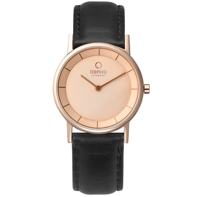 OBAKU 纖薄哲學二針時尚腕錶-黑帶玫瑰金-小(V143LVVRB)