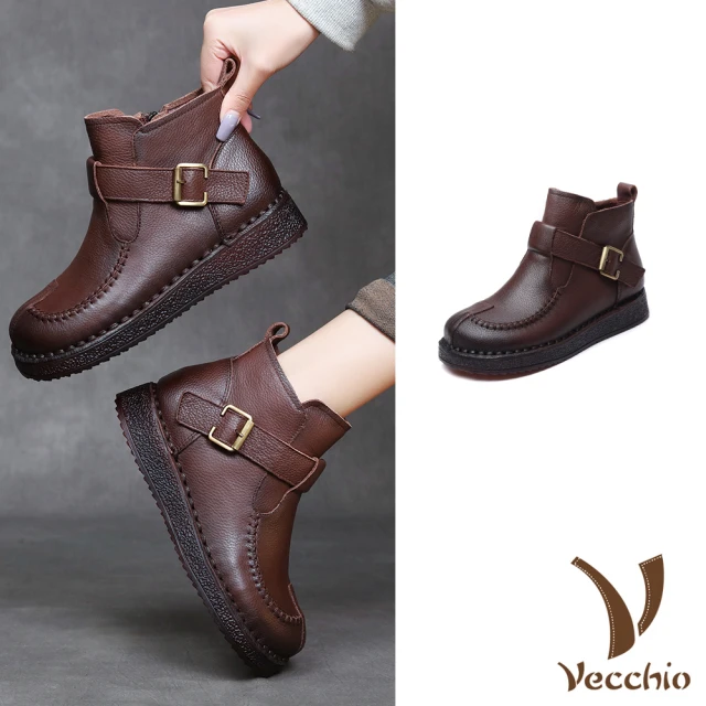 VecchioVecchio 真皮短靴 厚底短靴/真皮頭層牛皮復古縫線皮帶釦飾造型厚底短靴(咖)