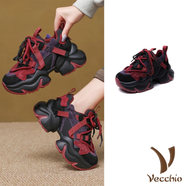 Vecchio 真皮老爹鞋 厚底老爹鞋/真皮翻絨牛皮拼接撞色織帶絨裡厚底休閒老爹鞋 運動鞋(黑)
