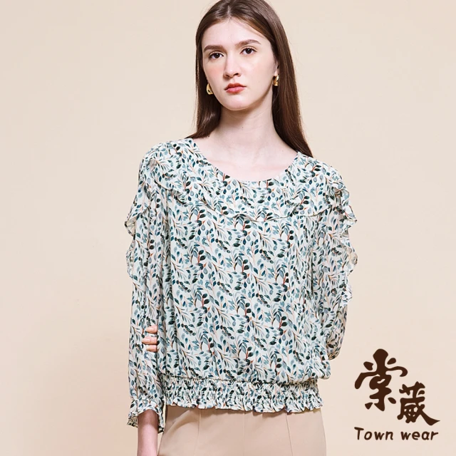 TOWN’WEAR 棠葳 氣質滿版印花翻領上衣(中大尺碼/女上衣/女上著/透膚袖/鬆緊下襬)