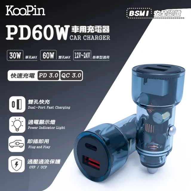 【KooPin】極速60W 雙孔PD+QC 工業風 車用充電器+雙頭Type-C 磁吸收納快充線(1A1C)