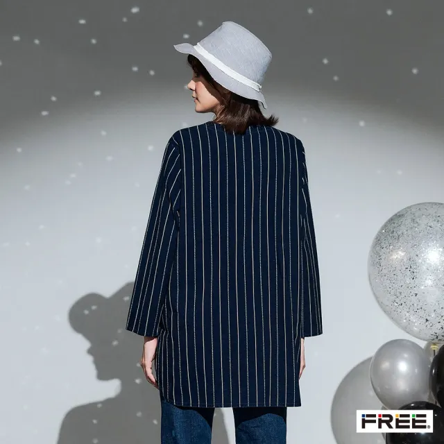 【FREE】INDIGO全開襟條紋長袖外套(丈青)
