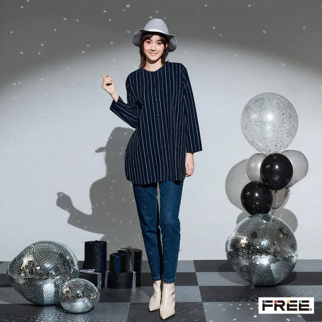 【FREE】INDIGO全開襟條紋長袖外套(丈青)