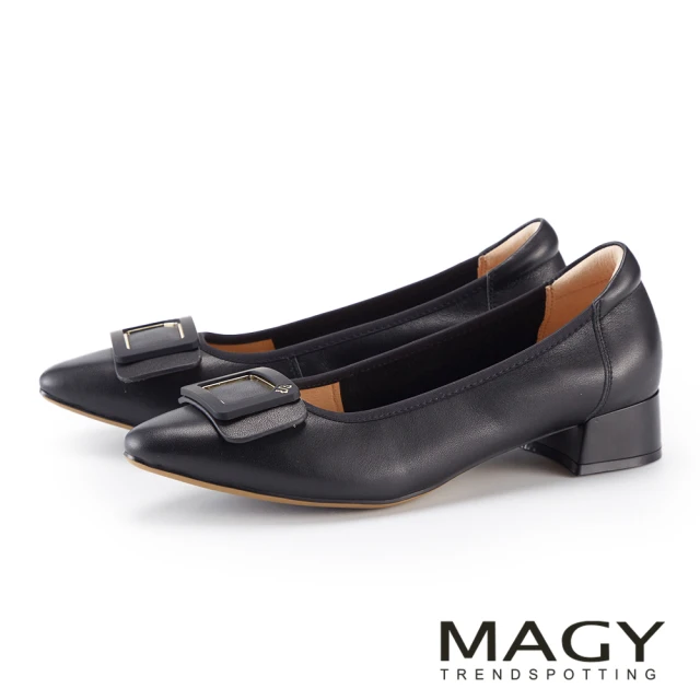 MAGYMAGY 典雅方釦牛皮尖頭低跟鞋(黑色)
