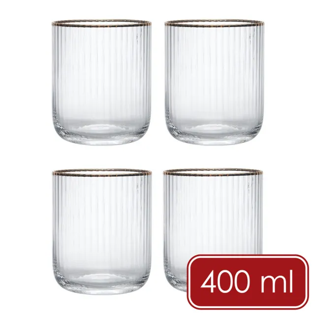 【MIKASA】美國 Sorrento水晶玻璃杯4入 金邊豎紋400ml / 水杯 茶杯 烈酒杯 威士忌杯 咖啡杯
