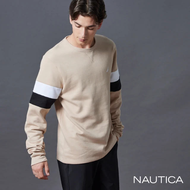 NAUTICA 官方旗艦 男裝 跳色拼接百搭長袖T恤(卡其色)