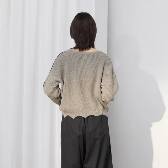 【MASTINA】色塊拼接造型衣襬長袖針織衫(紅 綠)