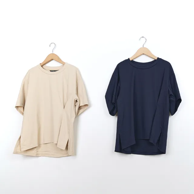 【MASTINA】立體袖不對襯抓褶短袖上衣(深藍 米/魅力商品)