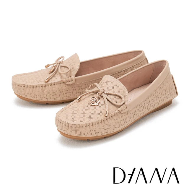 DIANA 造型蝴蝶結牛皮壓花平底鞋(米色)優惠推薦