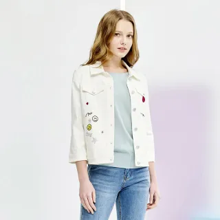 【MYVEGA 麥雪爾】MA高含棉彈力笑臉刺繡丹寧牛仔外套-白