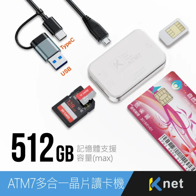【KTNET】ATM7 U+C多合一 ATM晶片讀卡機 白(具ATM、SD、Micro SD、TF、SIM卡通訊錄編輯讀卡槽)