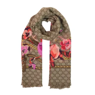 【GUCCI 古馳】508797 經典GG LOGO方形真絲花卉披肩/絲巾(粉色)