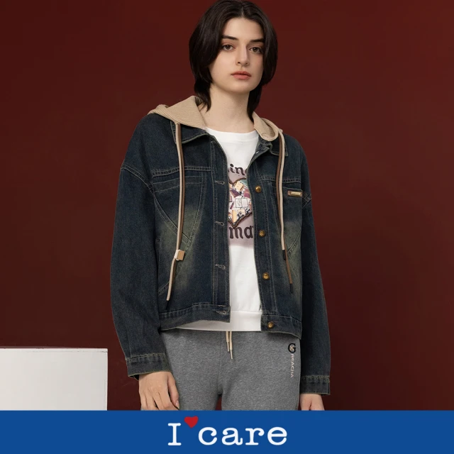 I’Care 依卡 現貨-針織連帽切接牛仔外套（連帽可拆）（F）｜女外套 連帽牛仔外套(510-06961)