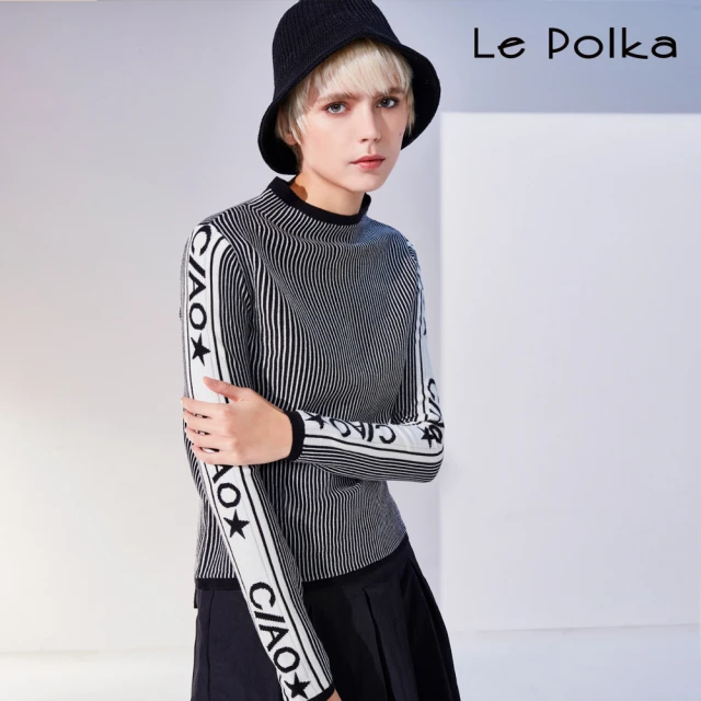 Le Polka 立領直條紋針織上衣-女