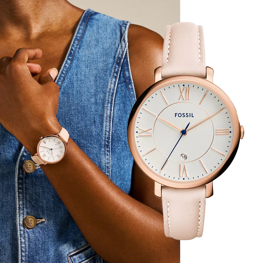 【FOSSIL】Jacqueline 粉色經典皮革指針女錶 手錶 36mm ES3988